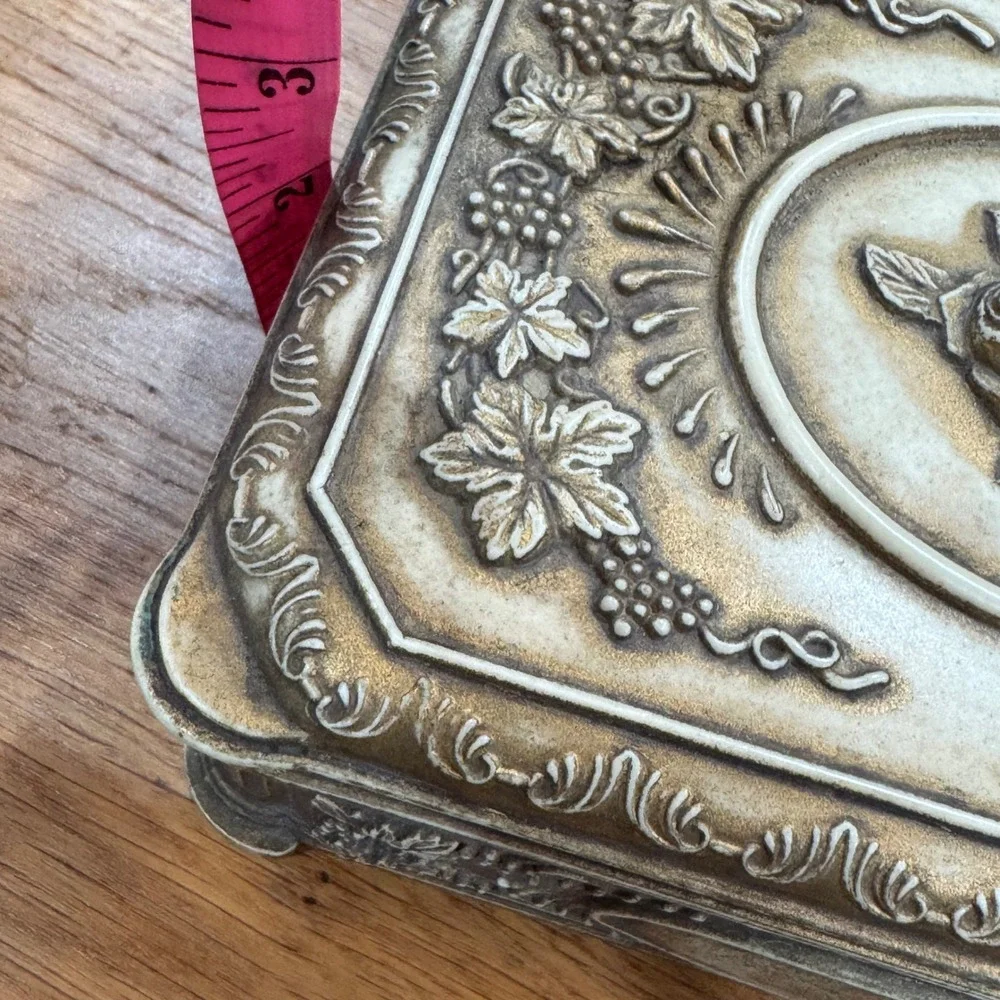 Vintage Ornate Rose and Grapevine Trinket Box Antiqued Gold Cream Jewelry Case
